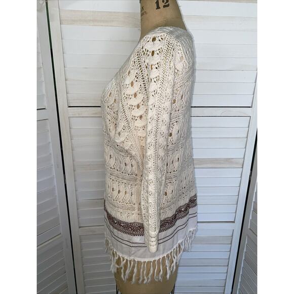 Nurture Cream Long Pullover Sweater Ramie Cotton Fringes Embroidery Sz Small - Picture 3 of 7